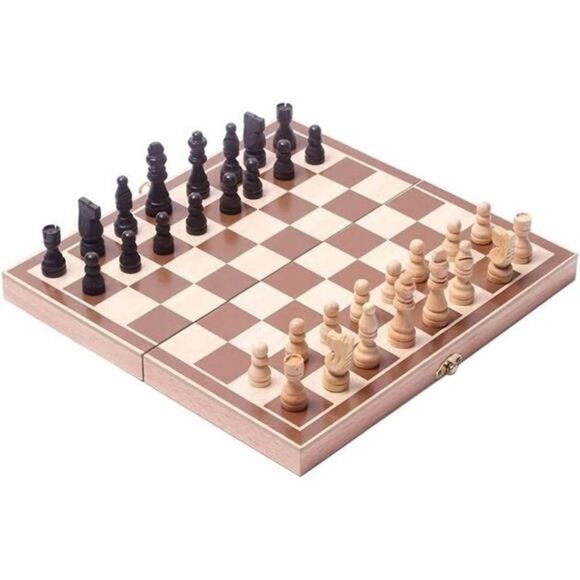 15" Classic Vintage Standard Folding Wooden Chess Set, Foldable Games